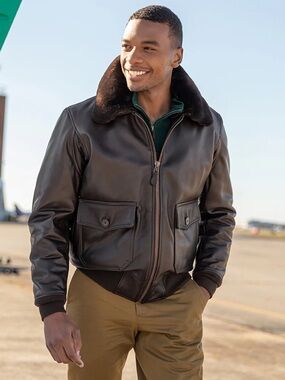 Leather Bomber Jacket with Plush Dark Brown Collar